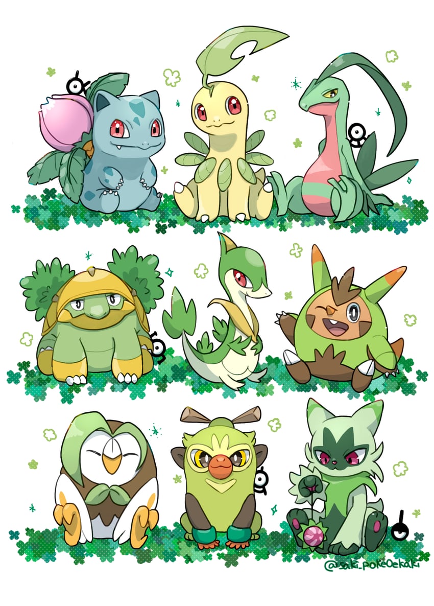ivysaur, unown, floragato, bayleef, grovyle, and 10 more (pokemon) drawn by saki_pokeoekaki