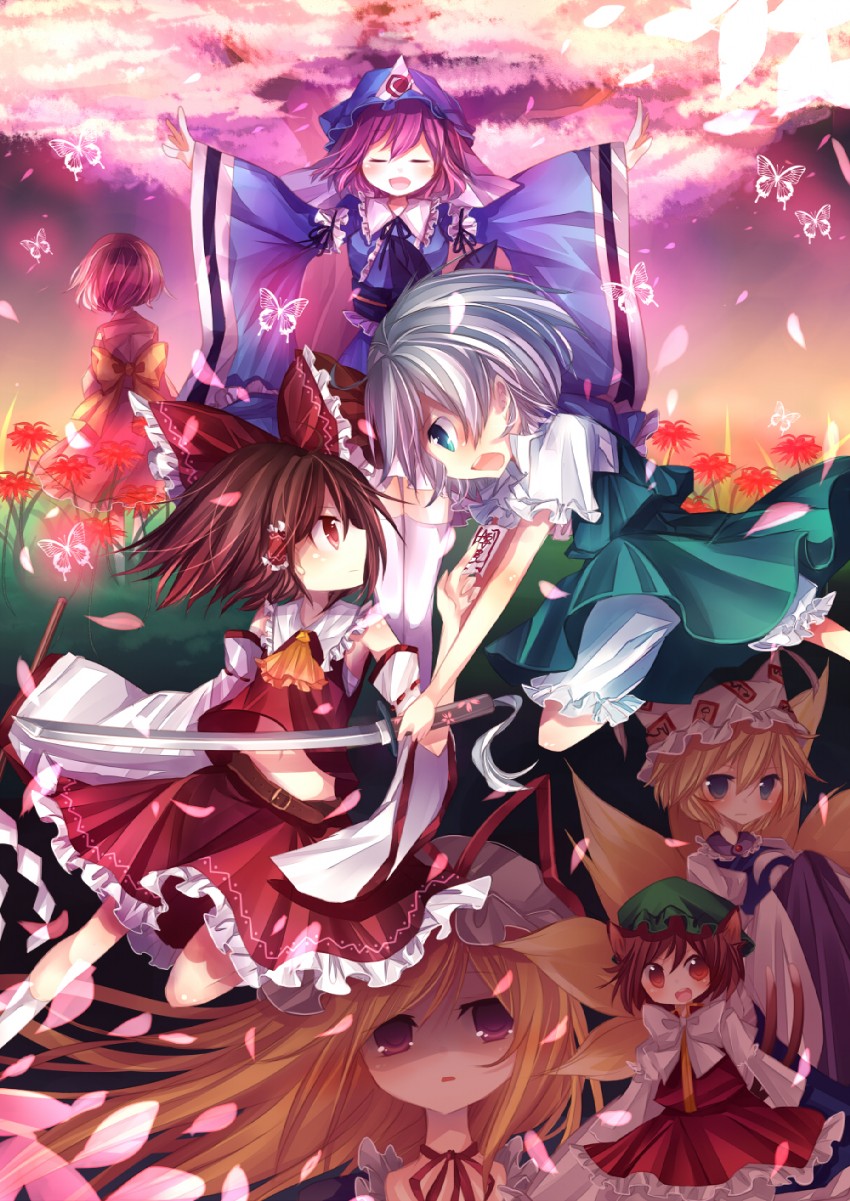 hakurei reimu, konpaku youmu, yakumo yukari, saigyouji yuyuko, yakumo ran, and 1 more (touhou and 1 more) drawn by kusada_souta