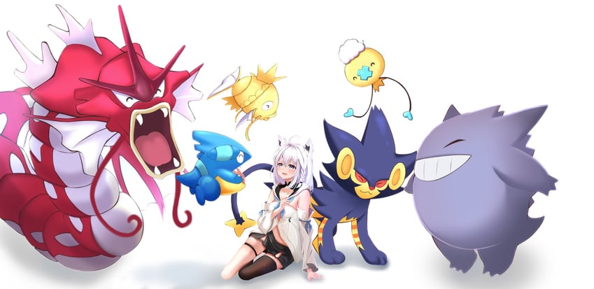 shirakami fubuki, gengar, drifloon, magikarp, gyarados, and 2 more (pokemon and 1 more) drawn by takumin_dx