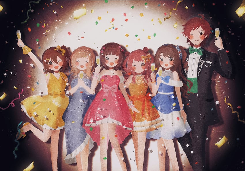 amami haruka, shimamura uzuki, sakuragi mano, hanami saki, kasuga mirai, and 1 more (idolmaster and 5 more) drawn by 4jirou