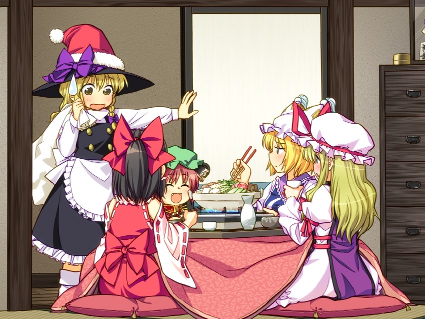 hakurei reimu, kirisame marisa, yakumo yukari, yakumo ran, and chen (touhou) drawn by yuuki_keisuke