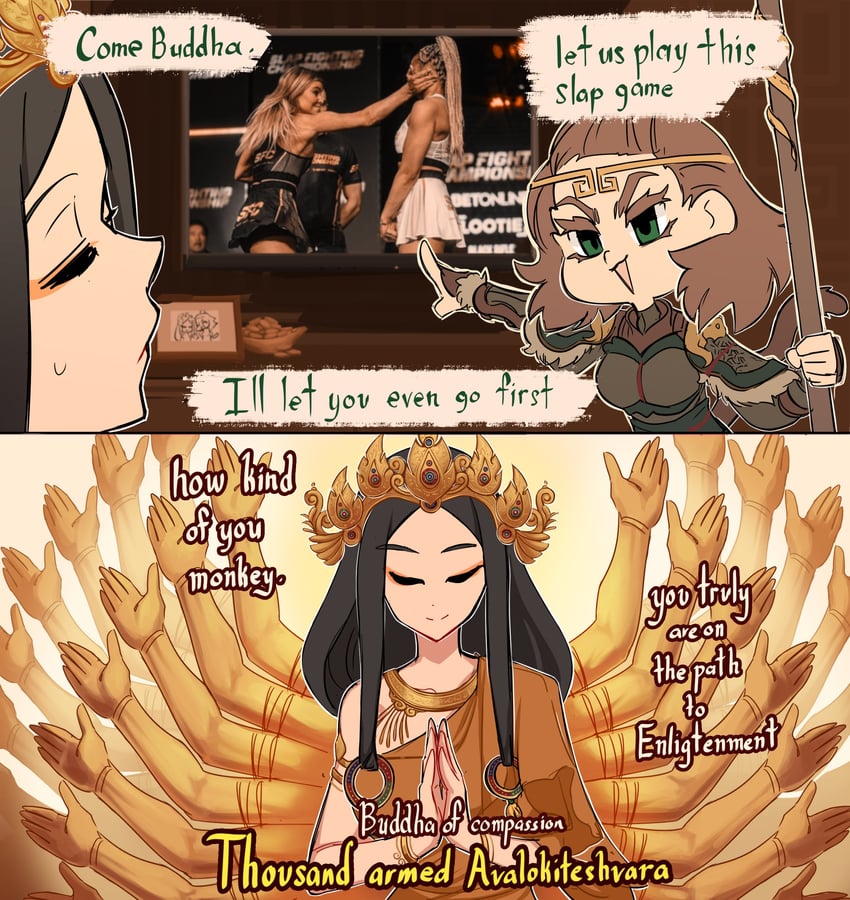 sun wukong, arnold schwarzenegger, guanyin, julia kruzer, and adriana sledz (real life and 1 more) drawn by centurii-chan