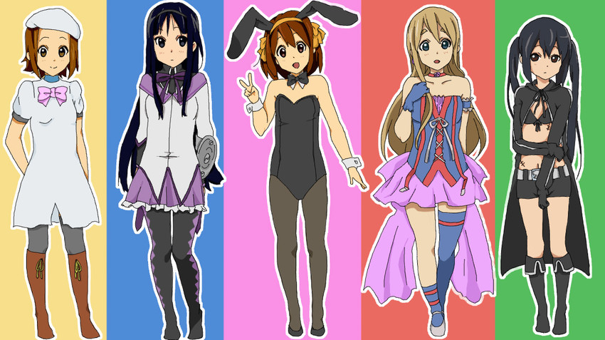 akemi homura, suzumiya haruhi, akiyama mio, nakano azusa, hirasawa yui, and 6 more (mahou shoujo madoka magica and 6 more) drawn by llio