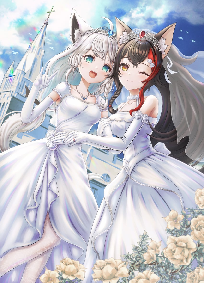 shirakami fubuki and ookami mio (hololive) drawn by wajuniorbox