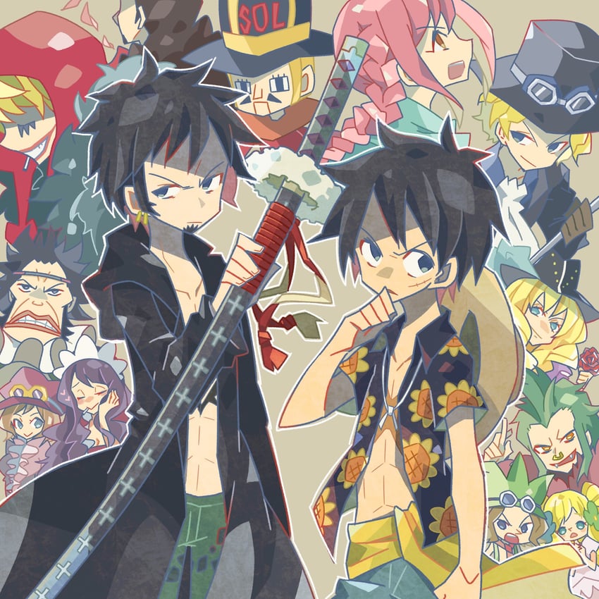 monkey d. luffy, trafalgar law, sabo, donquixote rocinante, koala, and 9 more (one piece) drawn by noise_pp