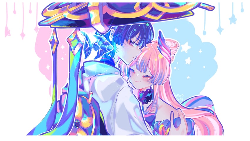 scaramouche, wanderer, and sangonomiya kokomi (genshin impact) drawn by bianca_lattei