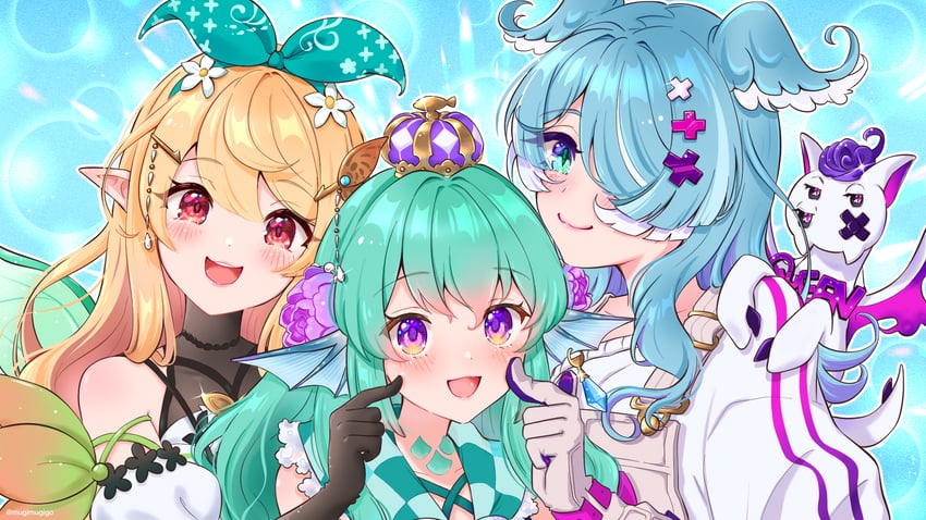 elira pendora, pomu rainpuff, finana ryugu, and pikl (nijisanji and 1 more) drawn by mugimugigo
