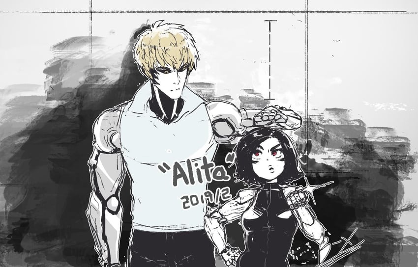 genos and alita (one-punch man and 2 more) drawn by sly-8