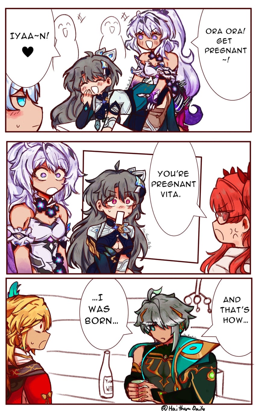 kiana kaslana, alhaitham, kaveh, vita, kevin kaslana, and 1 more (genshin impact and 3 more) drawn by haithamdaily