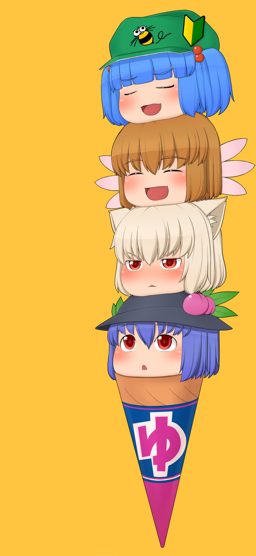 inubashiri momiji, kawashiro nitori, hinanawi tenshi, lily white, and hachisuke (touhou and 1 more) drawn by kitsunerider