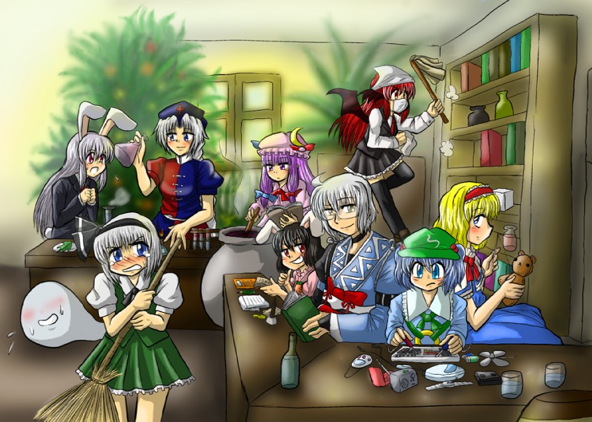 konpaku youmu, alice margatroid, patchouli knowledge, reisen udongein inaba, kawashiro nitori, and 4 more (touhou and 1 more) drawn by enokuma_uuta