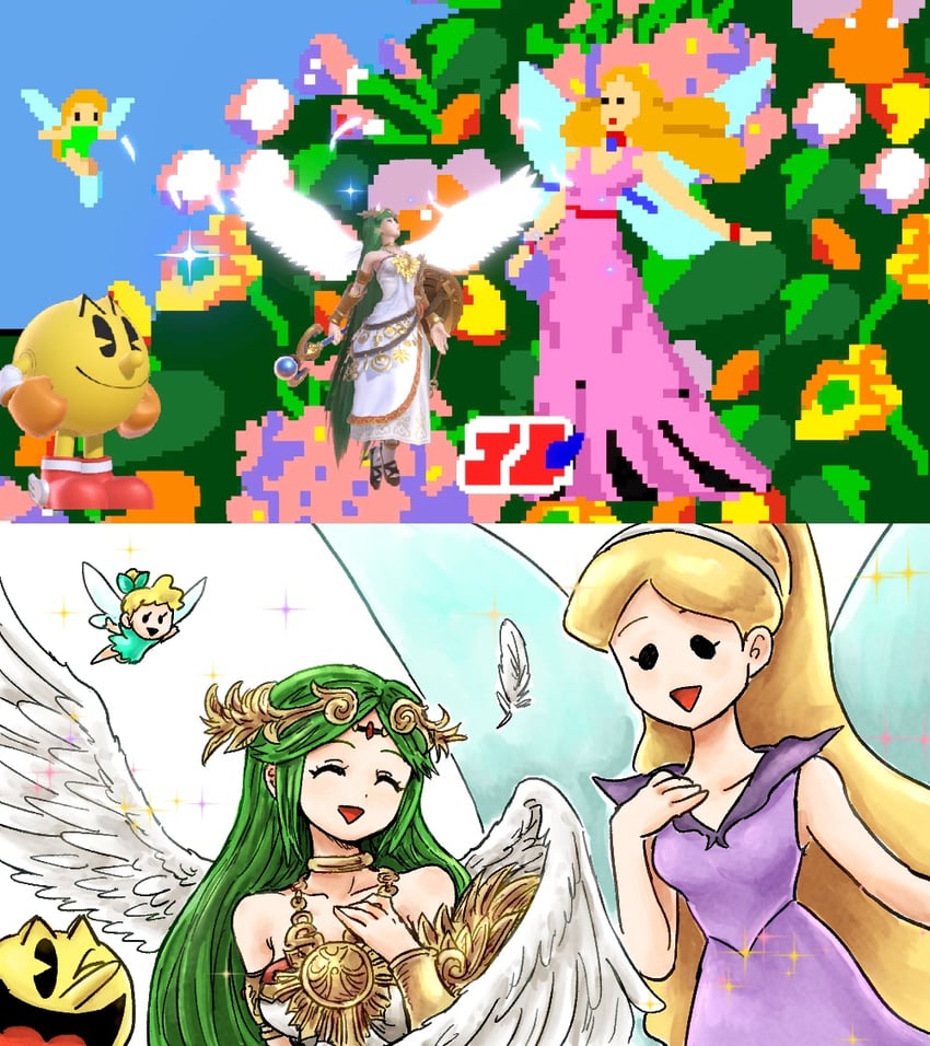 palutena, pac-man, fairy, and mother fairy (super smash bros. and 3 more) drawn by kicdon