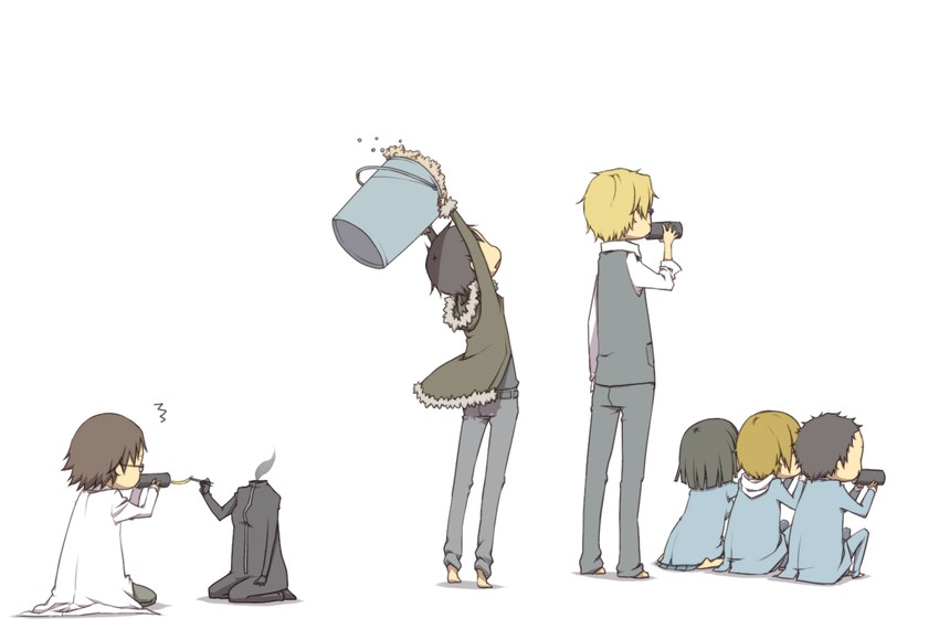 orihara izaya, sonohara anri, heiwajima shizuo, celty sturluson, ryuugamine mikado, and 2 more (durarara!!) drawn by hanaji