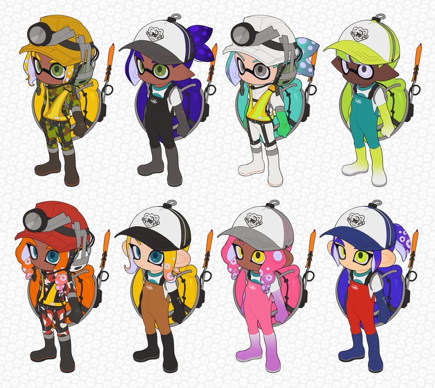 inkling player character, octoling player character, octoling girl, and inkling boy (splatoon and 1 more) drawn by surume01417