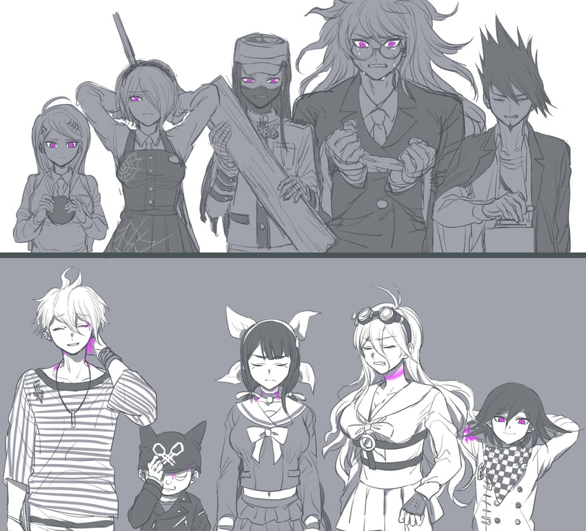 oma kokichi, akamatsu kaede, momota kaito, iruma miu, amami rantaro, and 5 more (danganronpa and 1 more) drawn by melodyguru