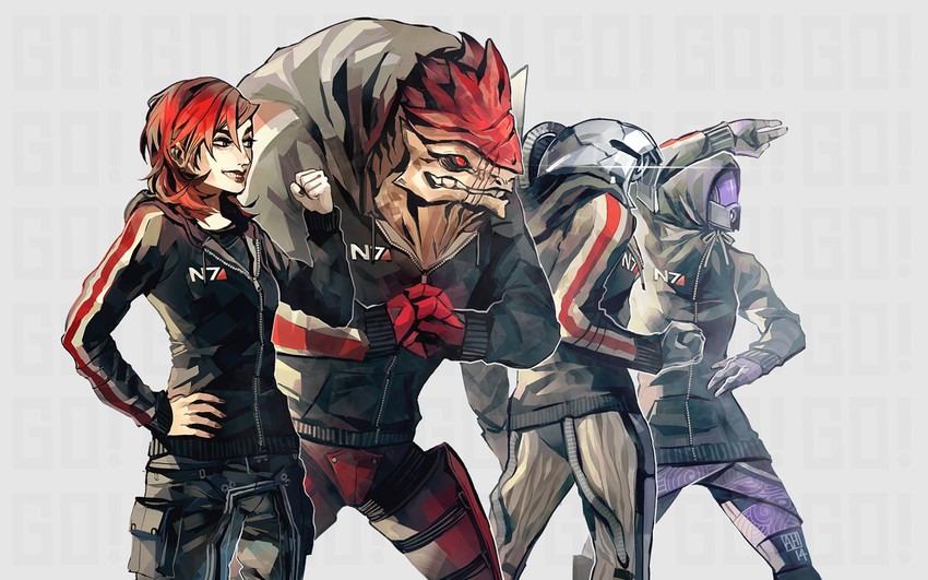 commander shepard, tali'zorah, urdnot wrex, and legion (mass effect and 1 more) drawn by arlmuffin