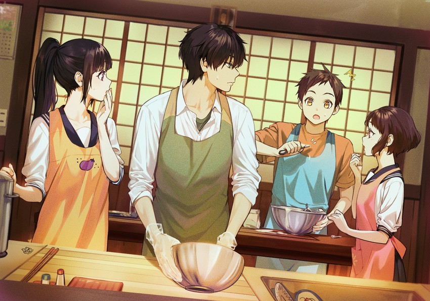 chitanda eru, oreki houtarou, ibara mayaka, and fukube satoshi (hyouka) drawn by mery_(yangmalgage)