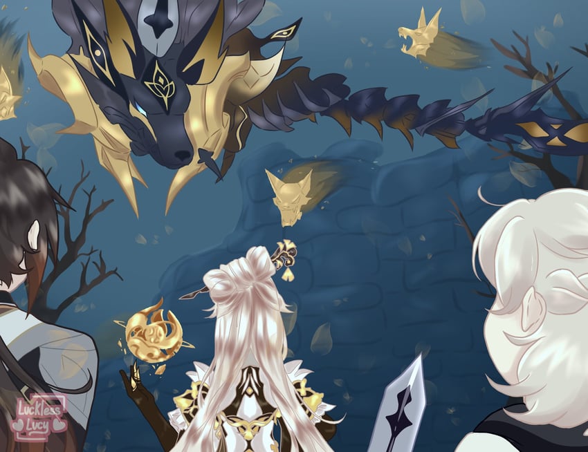 zhongli, ningguang, albedo, and golden wolflord (genshin impact) drawn by lucklessluci