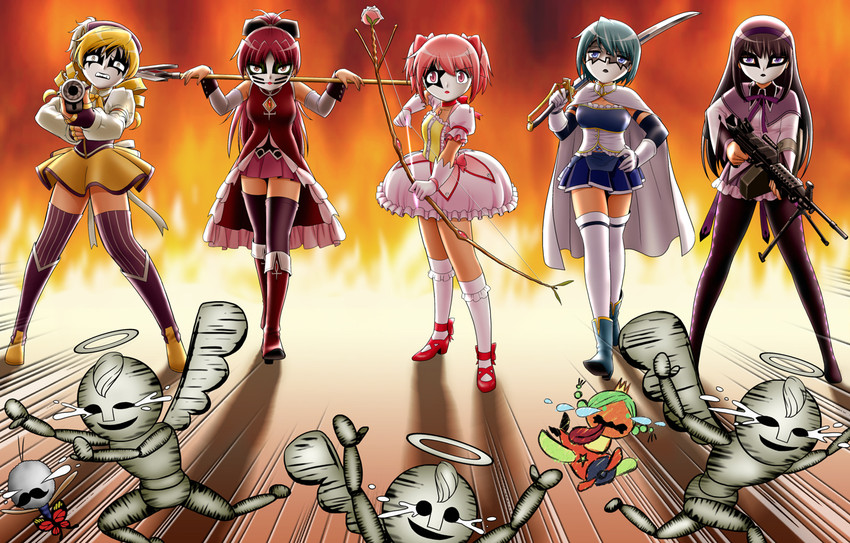 akemi homura, kaname madoka, miki sayaka, sakura kyoko, tomoe mami, and 3 more (mahou shoujo madoka magica and 1 more) drawn by shingyouji_tatsuya