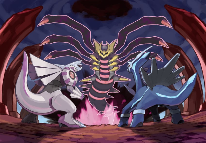 giratina, dialga, and palkia (pokemon) drawn by sugimori_ken