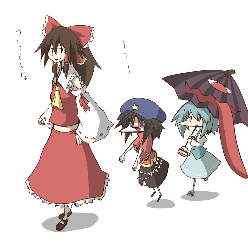hakurei reimu, tatara kogasa, and miyako yoshika (touhou) drawn by asyura_kumo