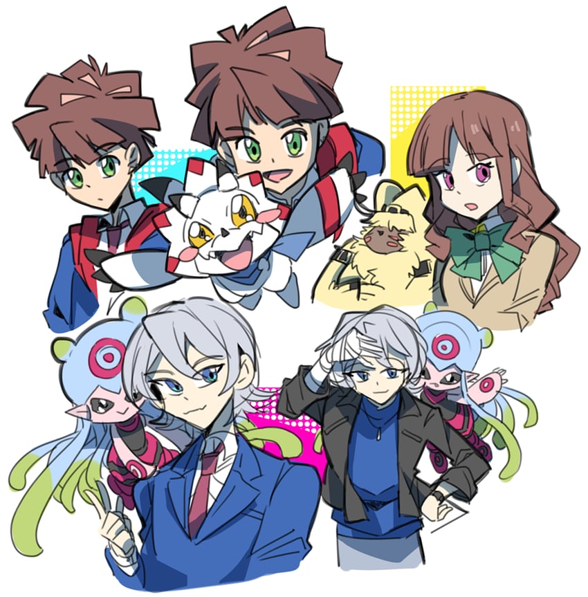 jellymon, gammamon, higashimitarai kiyoshiro, amanokawa hiro, tsukiyono ruli, and 1 more (digimon and 1 more) drawn by digibibim
