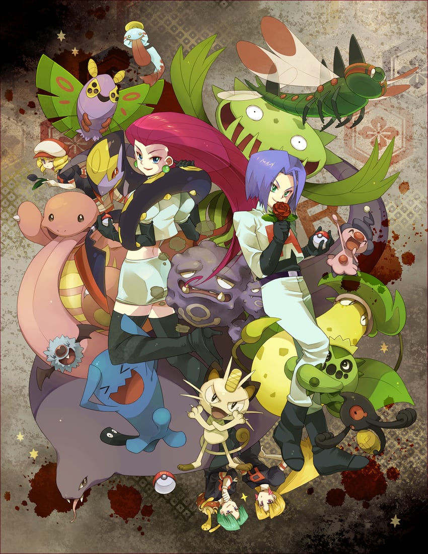 jessie, james, meowth, arbok, wobbuffet, and 16 more (pokemon) drawn by sasairebun