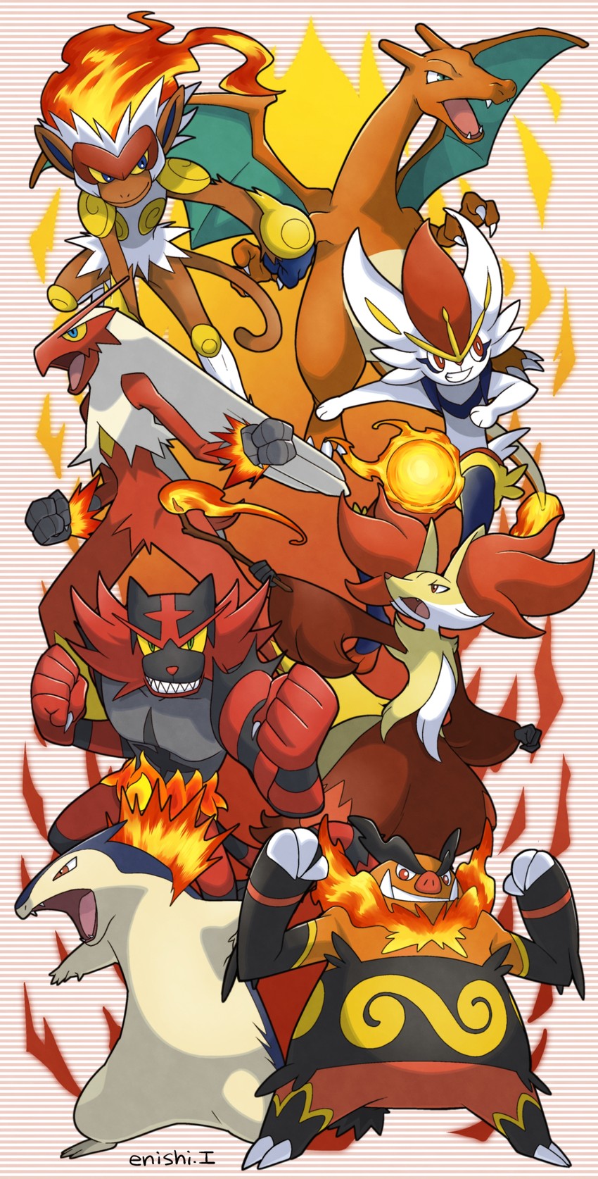 charizard, cinderace, blaziken, typhlosion, incineroar, and 3 more (pokemon) drawn by yukari_(yukari21653710)
