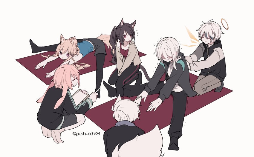 doctor, ansel, cardigan, melantha, adnachiel, and 1 more (arknights) drawn by pushu