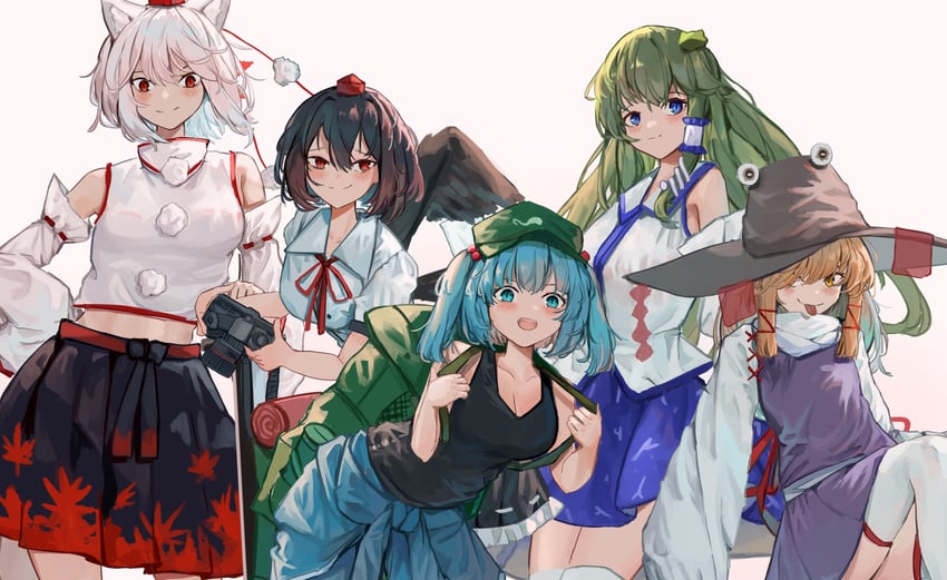 kochiya sanae, shameimaru aya, inubashiri momiji, moriya suwako, and kawashiro nitori (touhou) drawn by vanilla_flan