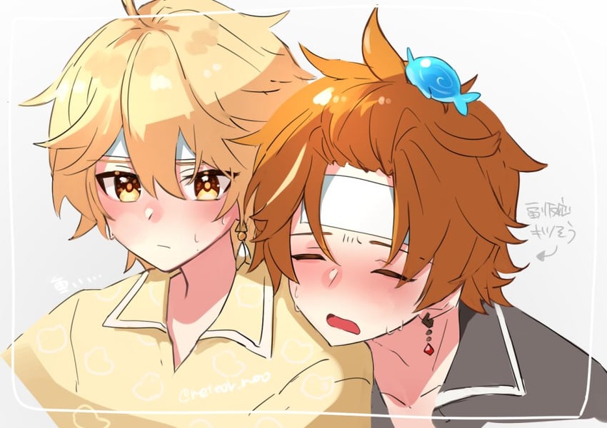 aether and tartaglia (genshin impact) drawn by norun_(ru-on)