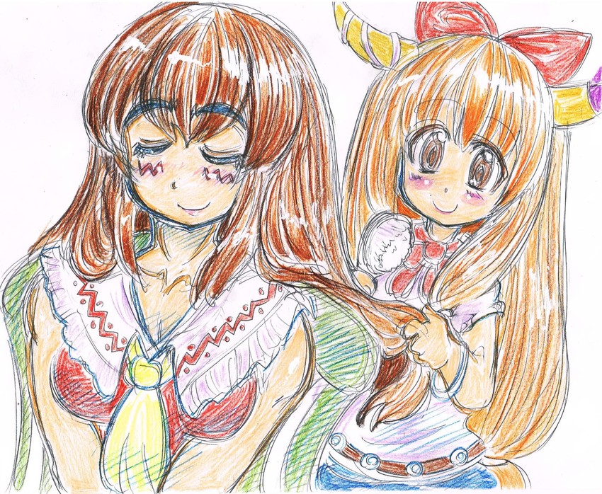hakurei reimu, ibuki suika, and kanna (touhou and 1 more) drawn by rctr