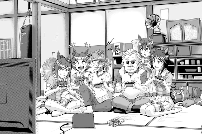 trainer, gold ship, jungle pocket, fuji kiseki, colonel sanders, and 4 more (umamusume and 1 more) drawn by raijoman