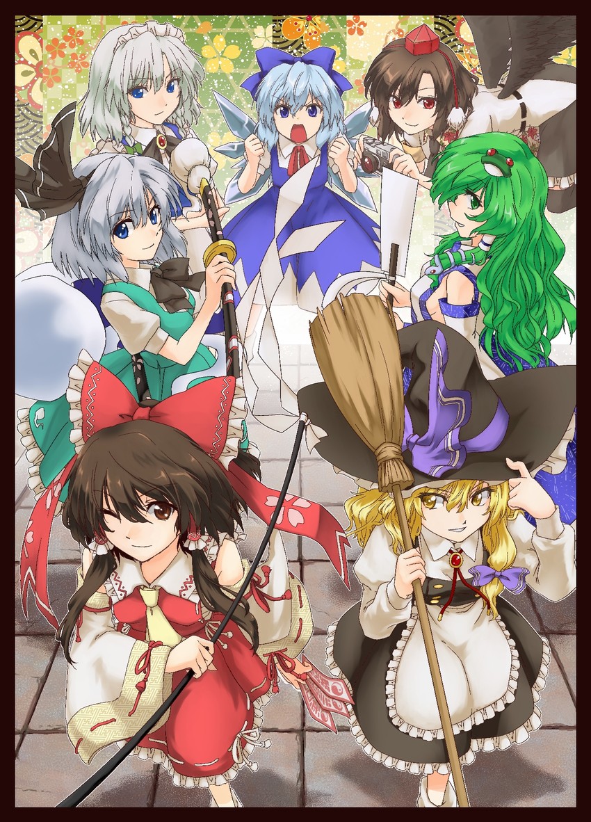 hakurei reimu, kirisame marisa, izayoi sakuya, kochiya sanae, konpaku youmu, and 2 more (touhou) drawn by abo_(hechouchou)