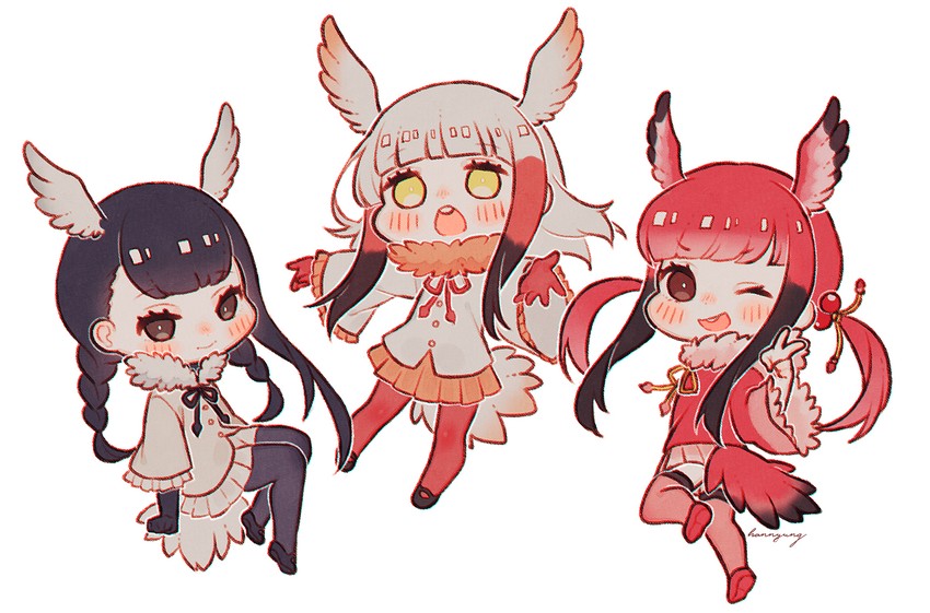 japanese crested ibis, scarlet ibis, and black-headed ibis (kemono friends) drawn by hn_(artist)