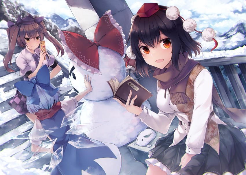 cirno, shameimaru aya, and himekaidou hatate (touhou) drawn by midori_(misuriru8)