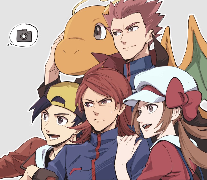 ethan, lyra, silver, dragonite, and lance (pokemon and 1 more) drawn by monji_samonji