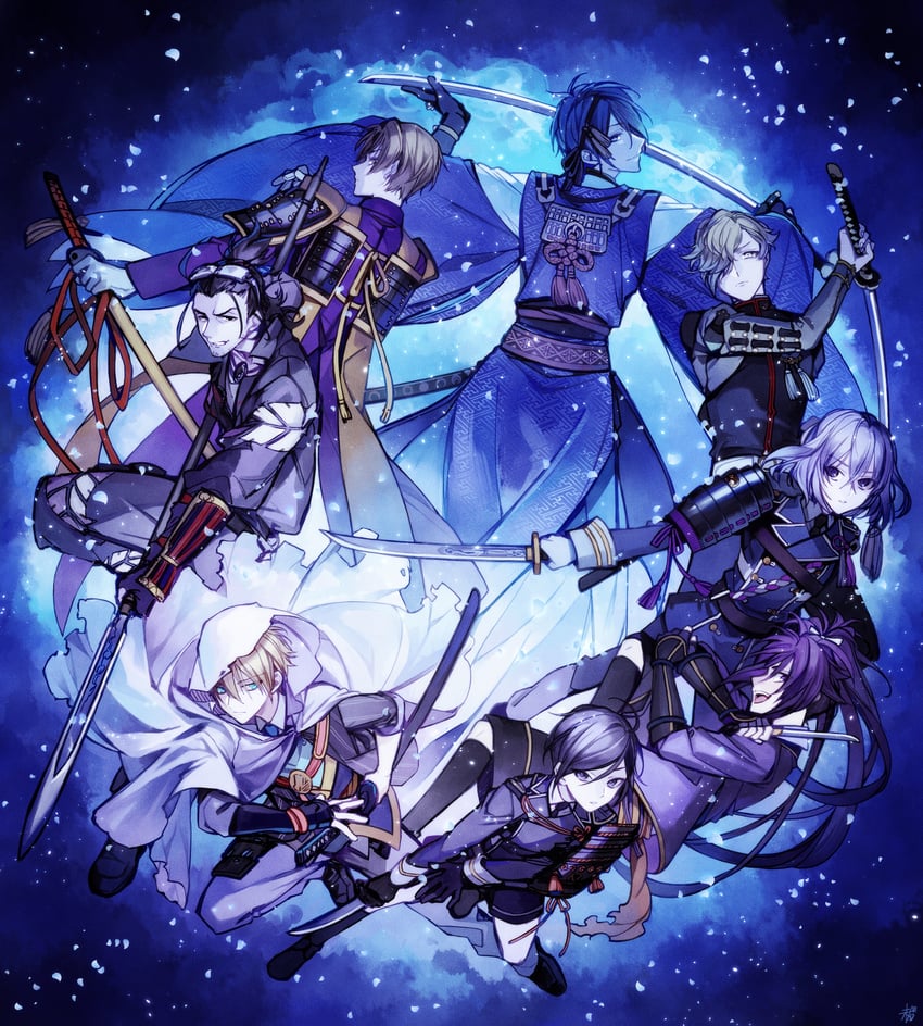 mikazuki munechika, honebami toushirou, yagen toushirou, yamanbagiri kunihiro, heshikiri hasebe, and 3 more (touken ranbu) drawn by matsunaka_hiro