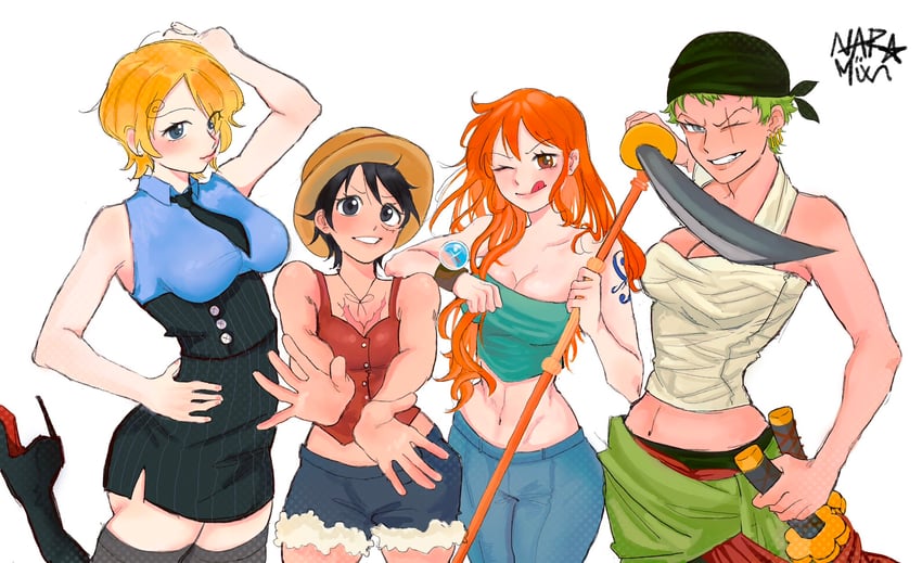 nami, monkey d. luffy, roronoa zoro, sanji, and luffyko (one piece) drawn by dorokyunn