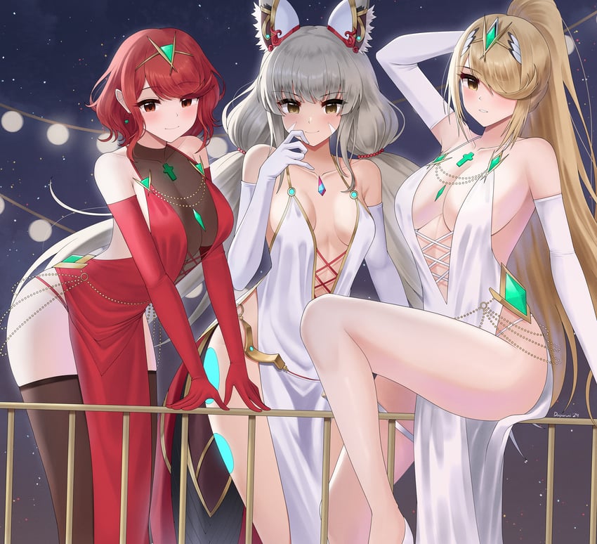 pyra, mythra, and nia (xenoblade chronicles and 1 more) drawn by doiparuni