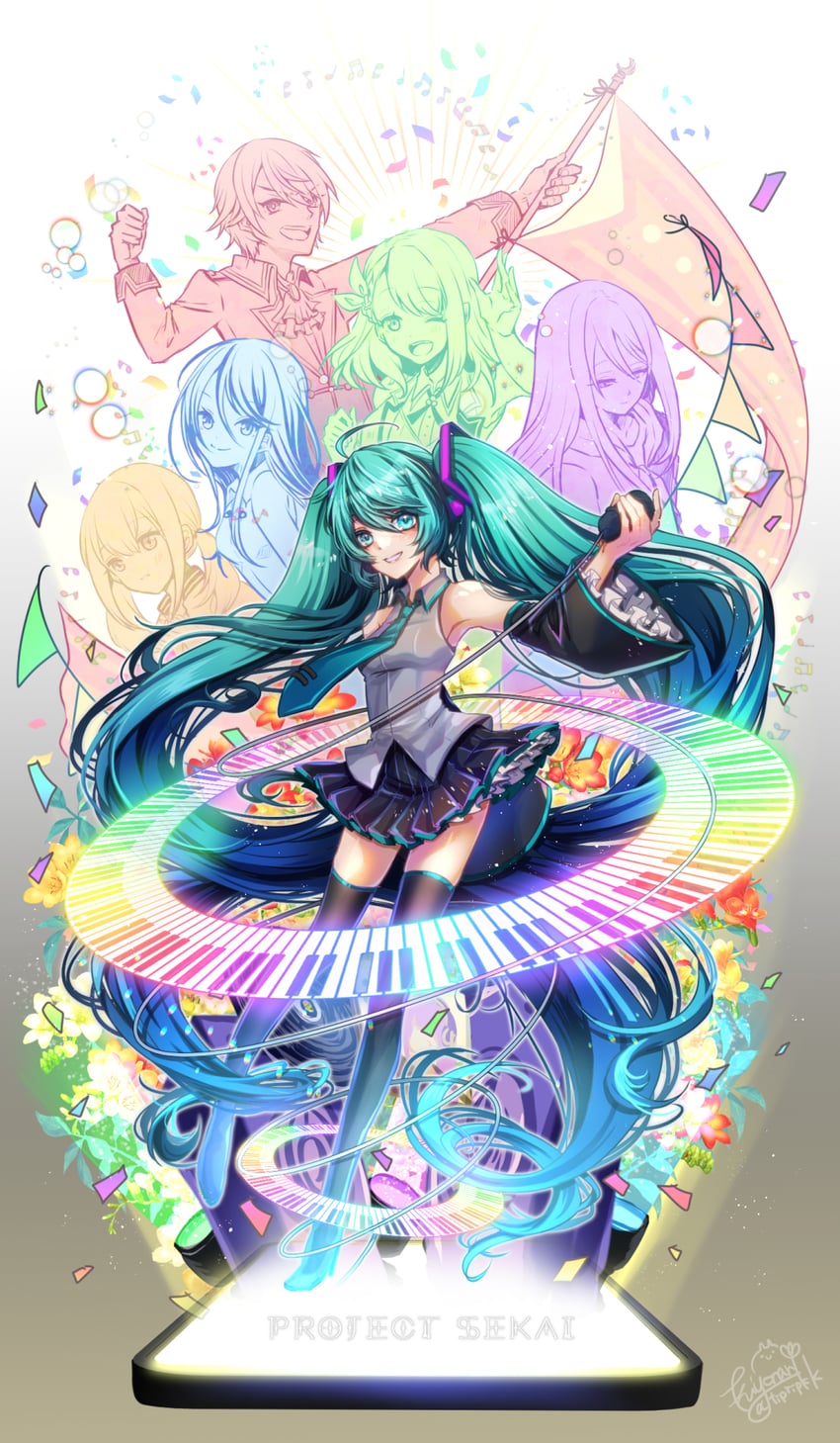 hatsune miku, yoisaki kanade, tenma tsukasa, azusawa kohane, hanasato minori, and 1 more (vocaloid and 1 more) drawn by tiprip_kk