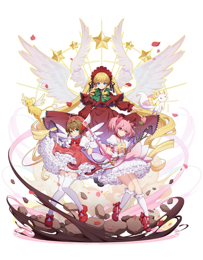 kaname madoka, kyubey, kinomoto sakura, shinku, and kero (mahou shoujo madoka magica and 2 more) drawn by duximeng