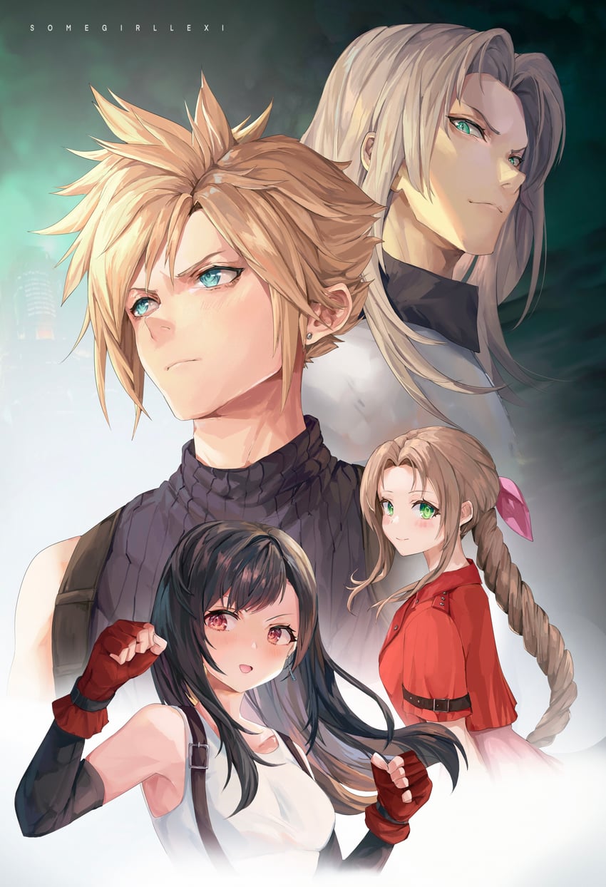 tifa lockhart, cloud strife, aerith gainsborough, and sephiroth (final fantasy and 2 more) drawn by somegirllexi
