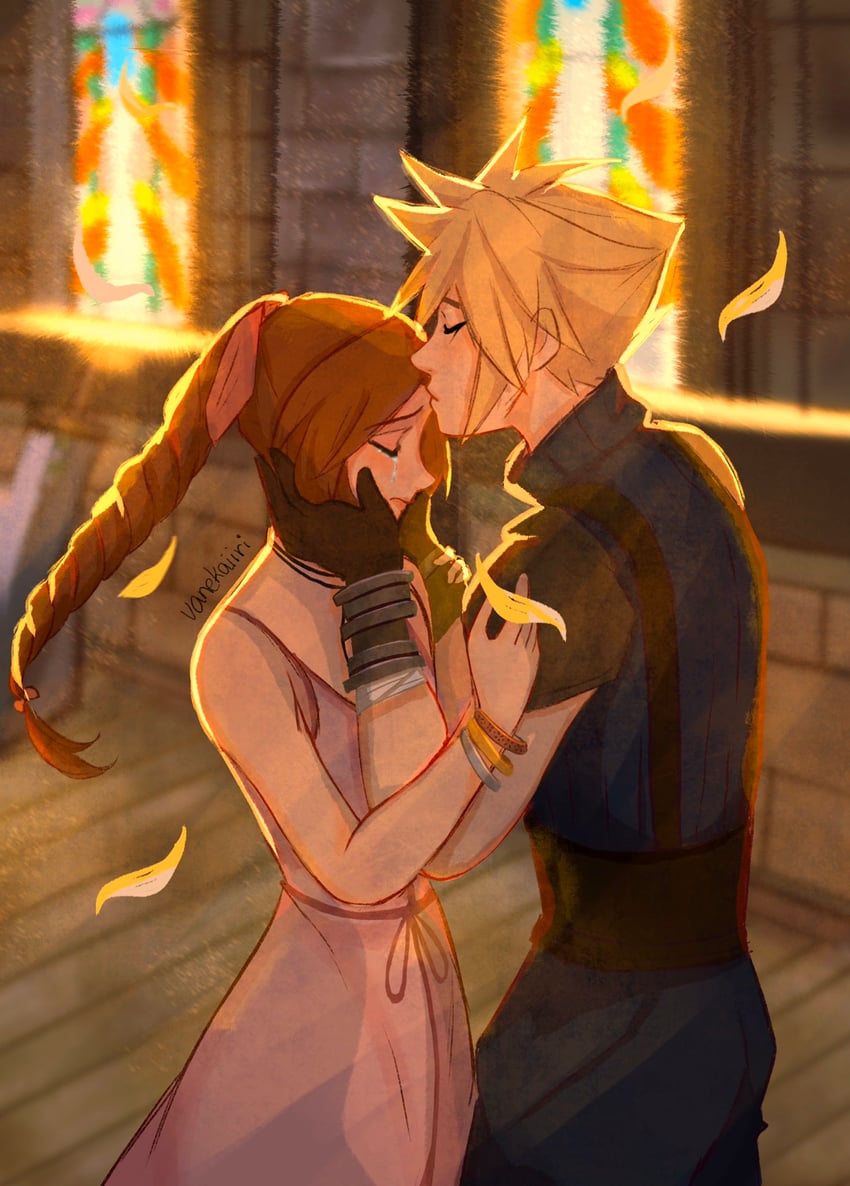 cloud strife and aerith gainsborough (final fantasy and 2 more) drawn by vanekairi