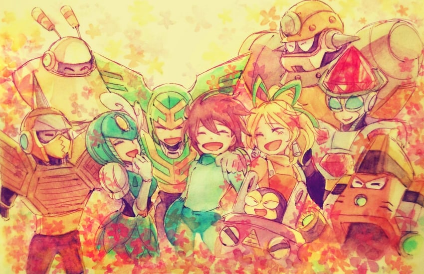 roll, mega man, splash woman, tornado man, galaxy man, and 5 more (mega man and 1 more) drawn by takenokonoko