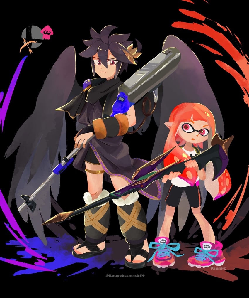 inkling player character, inkling girl, and dark pit (splatoon and 3 more) drawn by rune_(ruupokesmash54)
