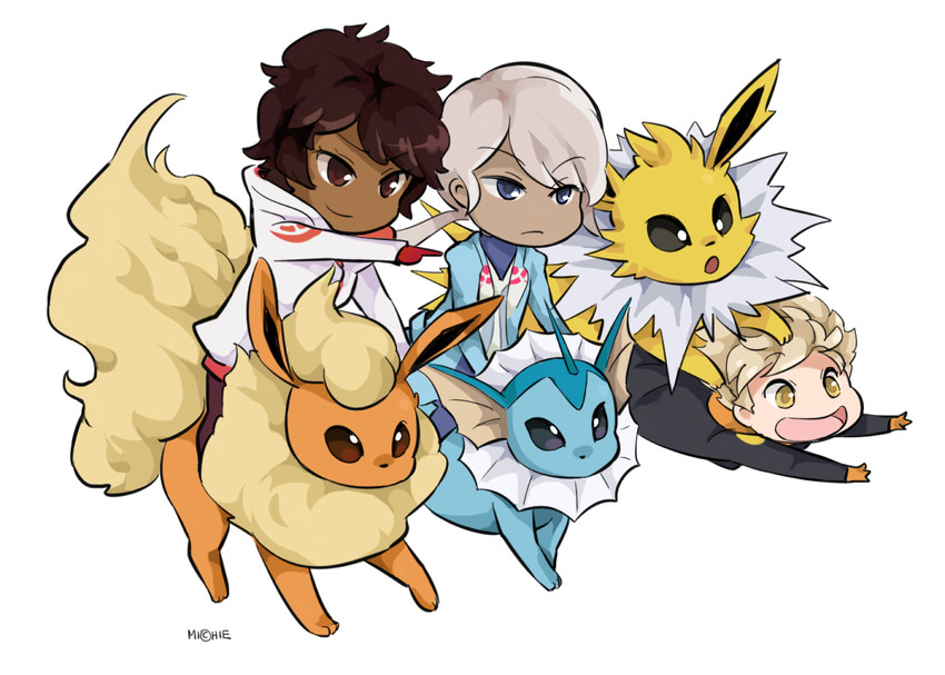 vaporeon, flareon, jolteon, spark, candela, and 1 more (pokemon and 1 more) drawn by zucchinizest