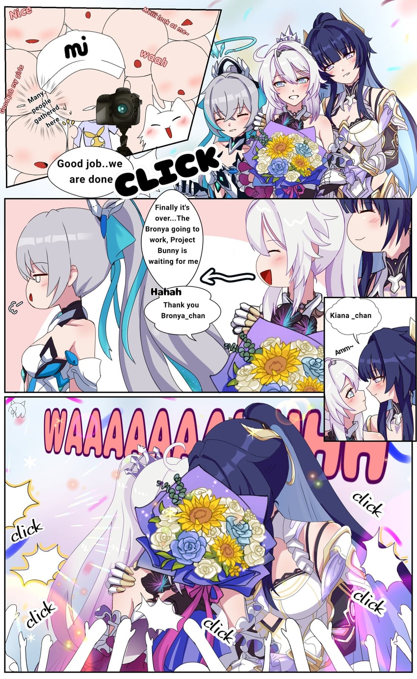 kiana kaslana, raiden mei, bronya zaychik, and homu (honkai and 1 more) drawn by kudayunii