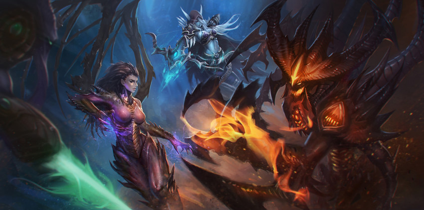 sylvanas windrunner, sarah kerrigan, infested kerrigan, diablo, and zeratul (warcraft and 5 more) drawn by chaosringen