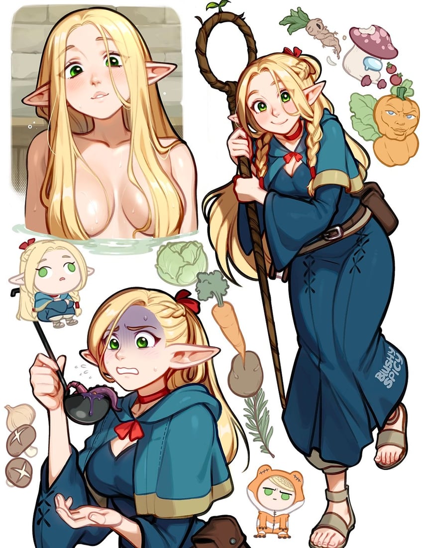 marcille donato, crewmate, and walking mushroom (dungeon meshi and 1 more) drawn by blushyspicy